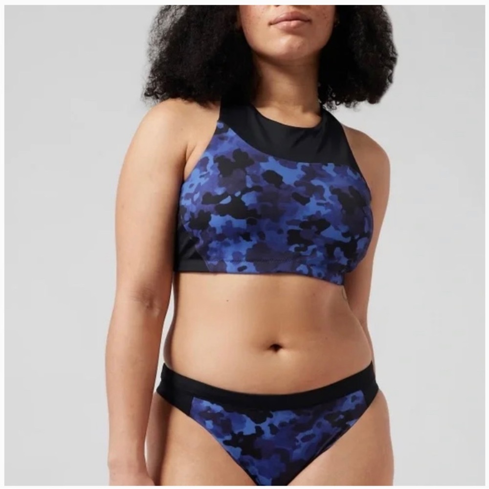 Athleta Freestyle Bikini Set SWIM High Neck Top Bottom Camo Blue Sz L